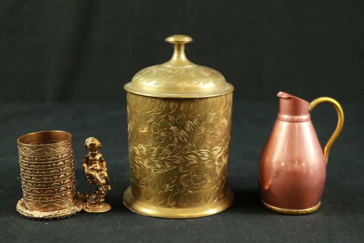 Brass Candle Holder, Brass Covered Bowl, & Copper Pitcher