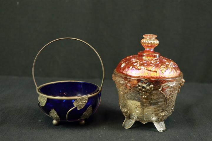 Carnival Glass Bowl & Blue Glass Basket