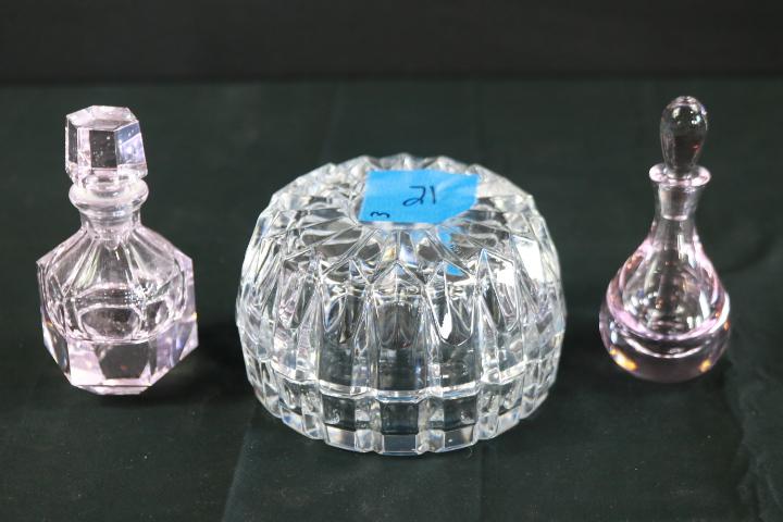Crystal Powder Box & 2 Pink Perfume Bottles