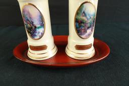 Thomas Kinkade Salt and Pepper Shakers on Wood Tray