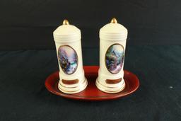 Thomas Kinkade Salt and Pepper Shakers on Wood Tray