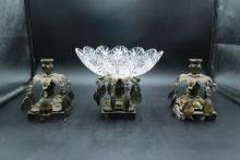 3 Piece Marble & French Bronze Table Set with Crystal Bowl
