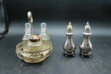 3 Piece Condiment Set on Tray with Silver Plated Salt & Pepper