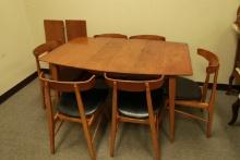 Mid Century Modern West German Oak & Walnut Table with 6 Chairs & 3 Leaves