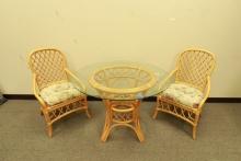 Rattan Table with Glass Top & 2 Chairs