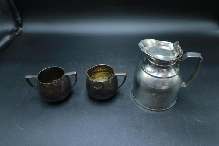 Stanley Hot And Cold Pitcher And Plated Sugar And Creamer