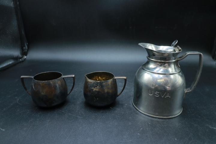 Stanley Hot And Cold Pitcher And Plated Sugar And Creamer