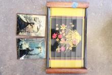 Mid Century Painted Glass Tray & Sillouette Pictures