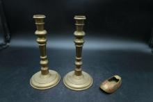 2 Brass Candlesticks and Brass Shoe Ashtray