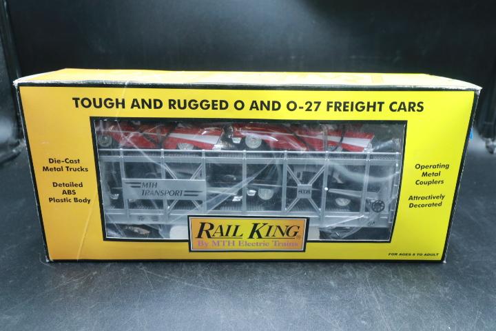 Rail King By MTH Auto Transport Auto Carrier with Ertl 57' Chevy's (O Scale)