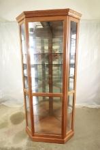 Oak Corner Curio Cabinet With Sliding Front Door