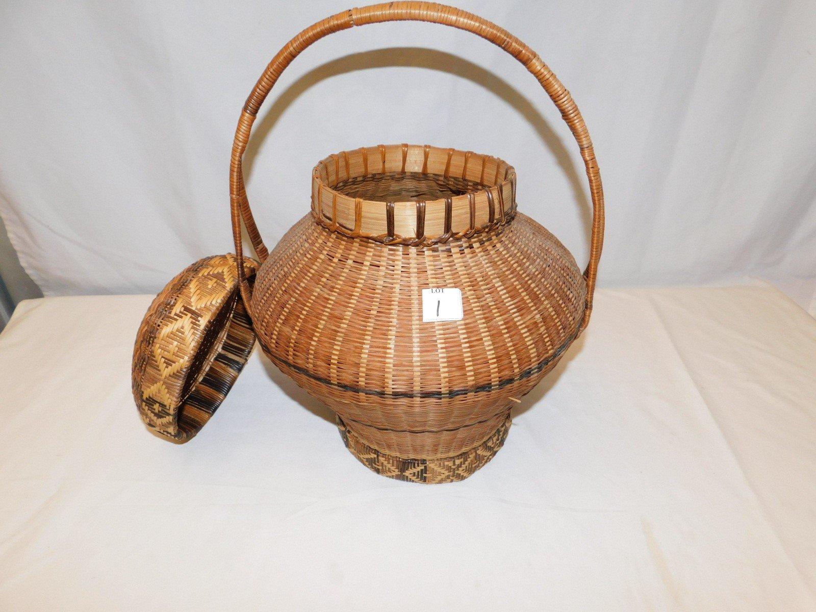 WOVEN BASKET; CIRRCA 1890 COVERED INDIAN BASKET, 17" TALL X 14" WIDE AT THE