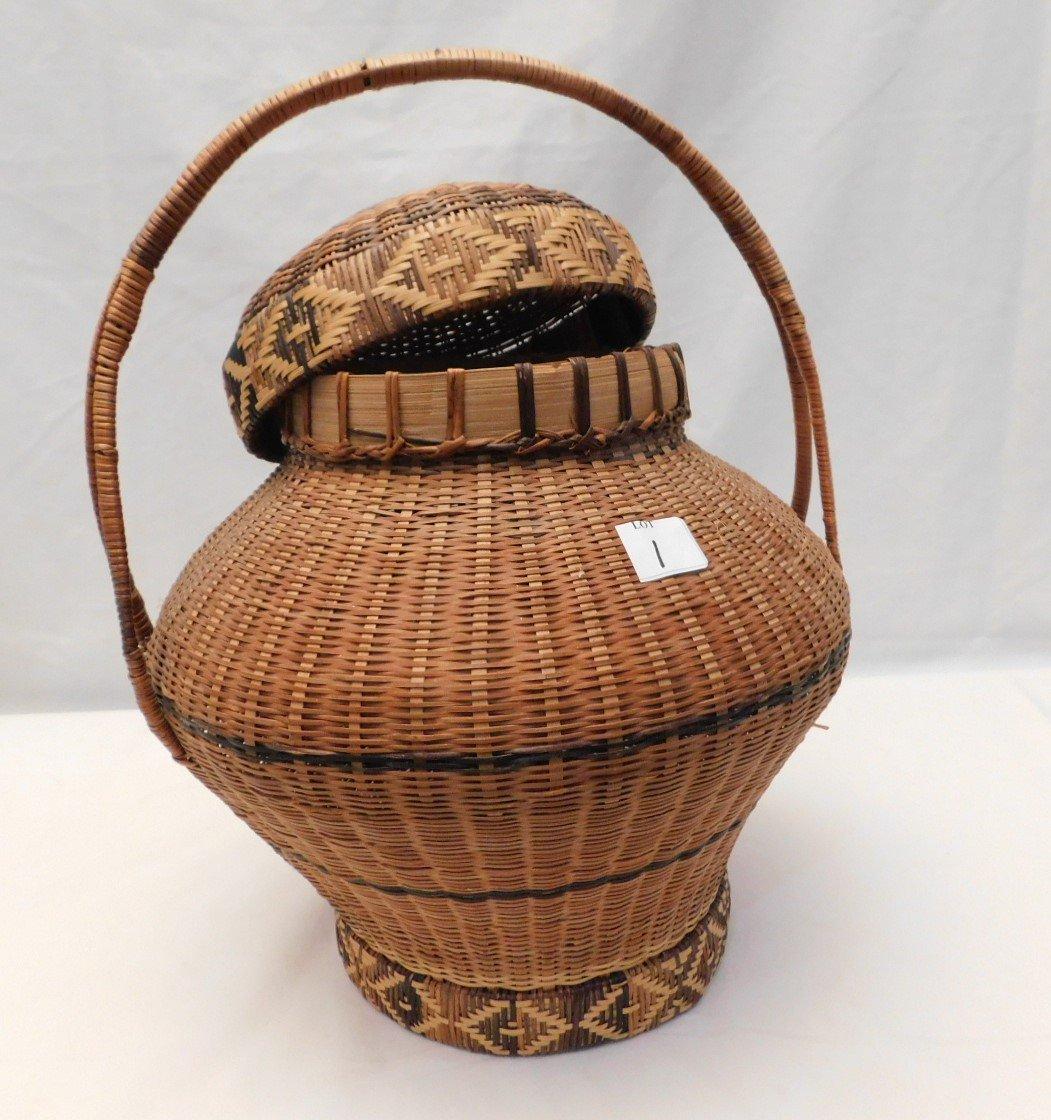 WOVEN BASKET; CIRRCA 1890 COVERED INDIAN BASKET, 17" TALL X 14" WIDE AT THE