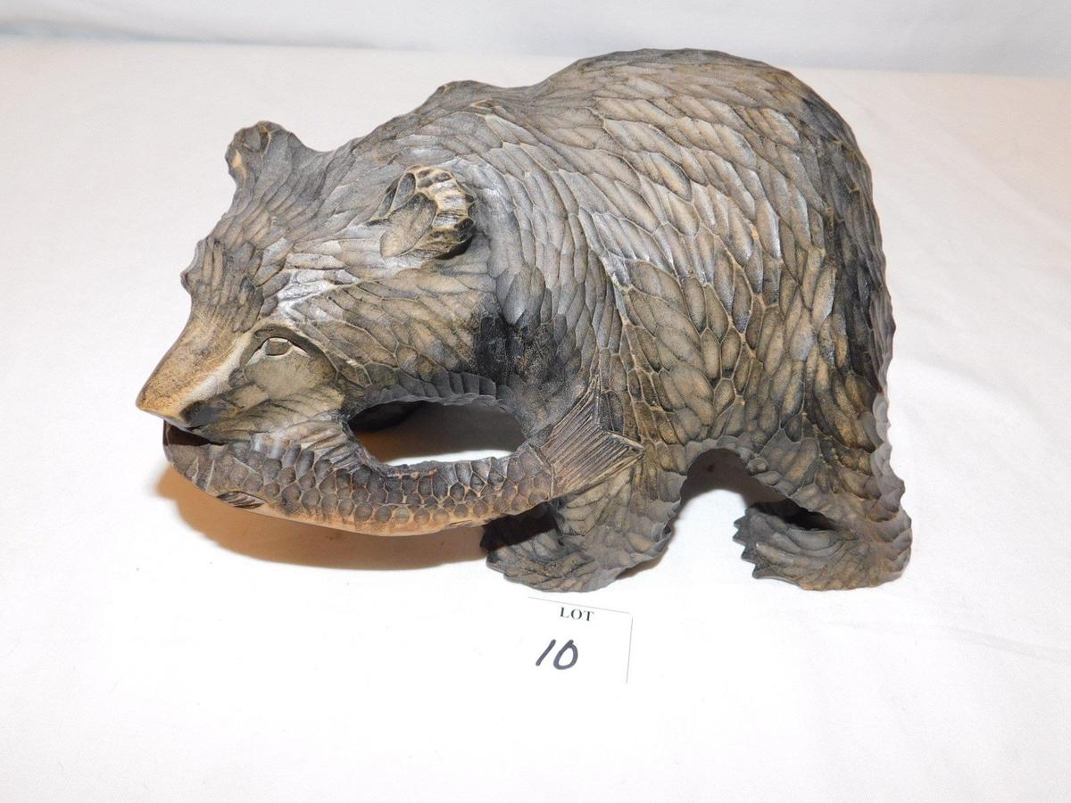 WOODEN CARVED BEAR WITH FISH IN ITS MOUTH, 5 1/2" TALL X 9" WIDE