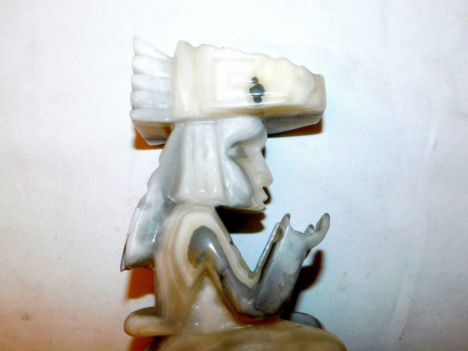 ALABASTER CARVING, EGYPTIAN FIGURINE WEARING A HEAD PIECE, BASE SCREWED ON.