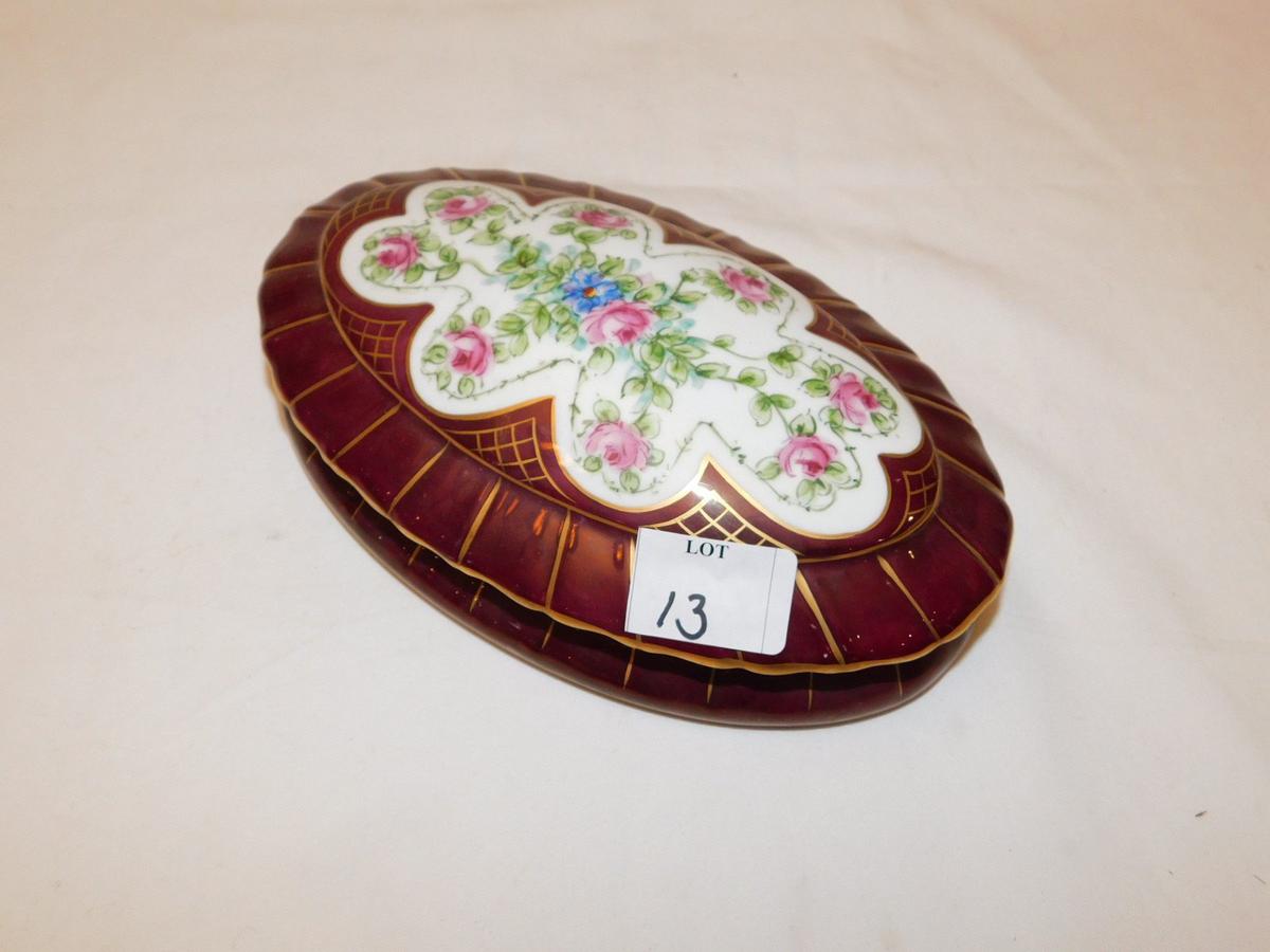 MAROON HAND PAINTED DISH WITH LID. MARKED 'P T G FRANCE'  MEASURES 3" TALL