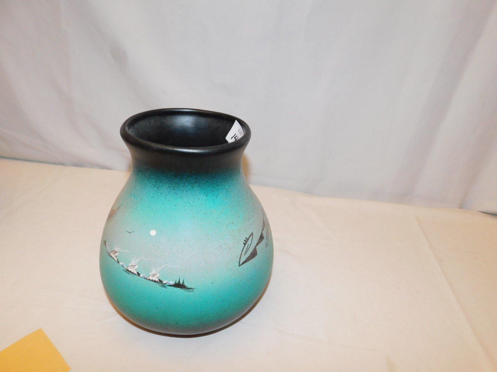 NATIVE AMERICAN POTTERY GREEN & BLACK HAND PAINTED FROM CEDAR MESA, SIGNED