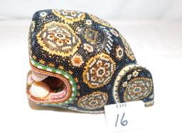 HAND BEADED MASK WOODEN SIGNED MARIO LOPEZ, MULTI COLOR BEADS, CHEETA IN BO