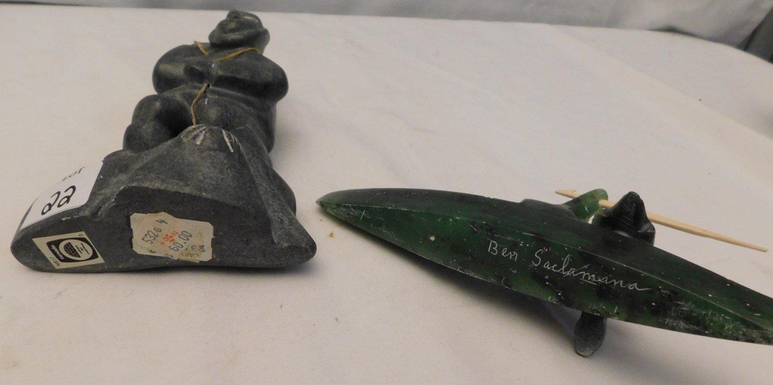 ESKIMO ART FIGURINES; JADE ESKIMO WITH WALRUS ON A CANOE MEASURES 8" WIDE X