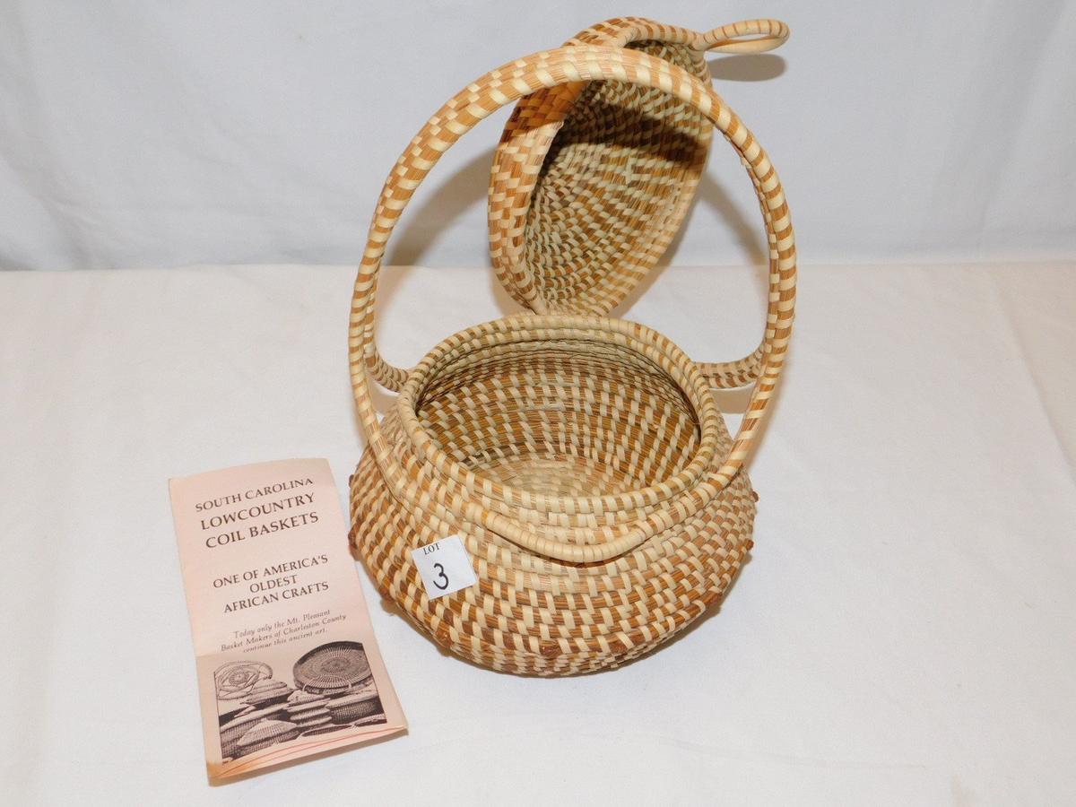 COIL BASKET FROM SOUTH CAROLINA HAND CRAFTED WITH LID AND HANDLE, 12" TALL