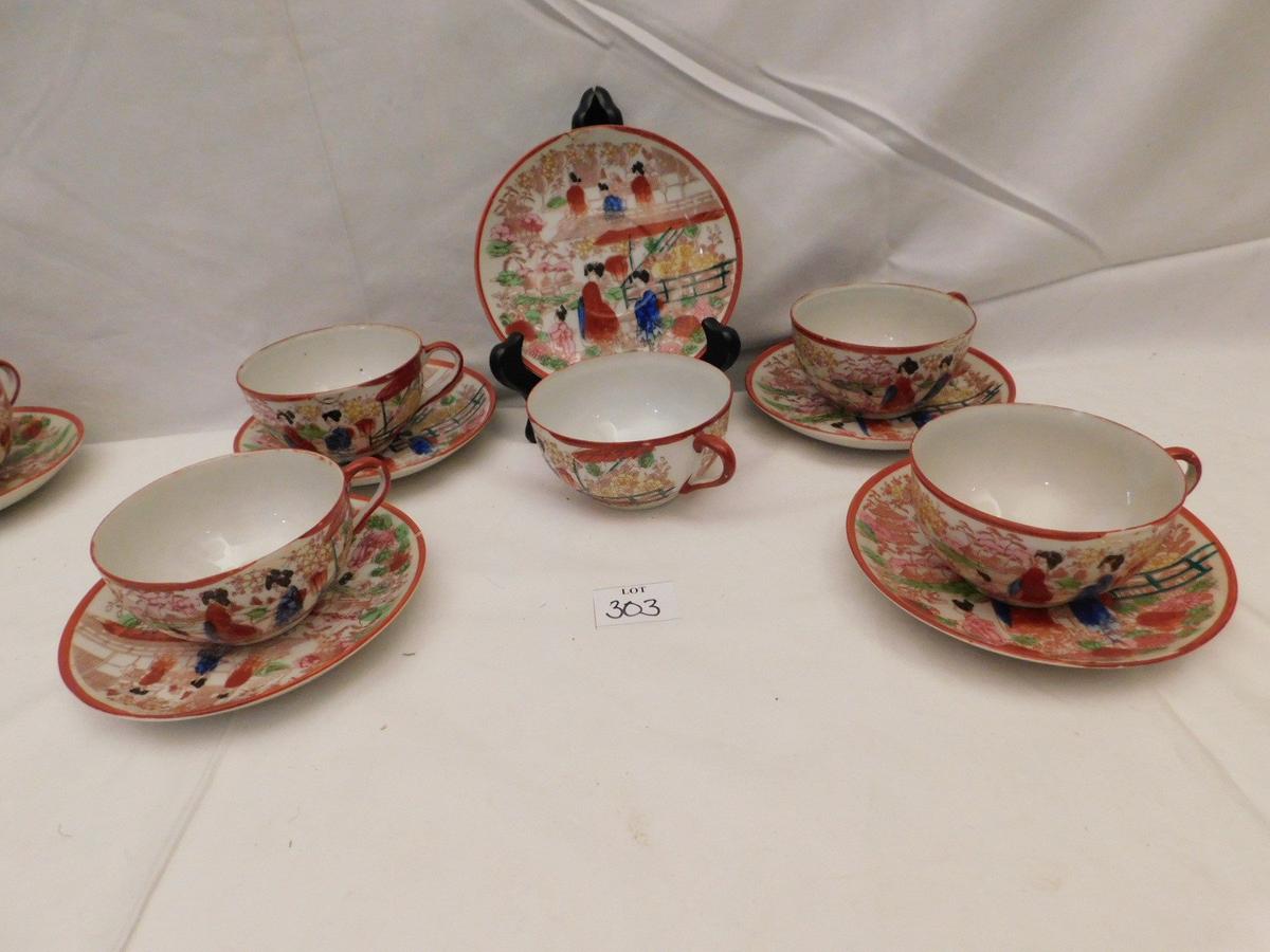 SET OF 6 CUPS & SAUCERS, ORIENTAL STYLE, MADE IN JAPAN, HAND PAINTED, 2 HAV