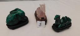 MALACHITE & QUARTS ANIMALS, RABBIT, SITTING HORSE & SITTING CAMEL LARGEST A