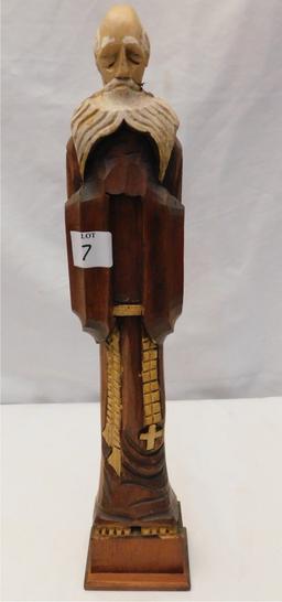 WOODEN STATUE OF A RELIGIOUS FIGURE ORIENTAL LOOKING MAN WITH LONG WHITE BE