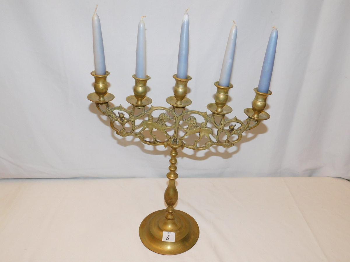 METAL CANDELABRA HOLDS 5 CANDLES WITH ANCIENT ANIMAL DESIGN (SOLD WITHOUT C