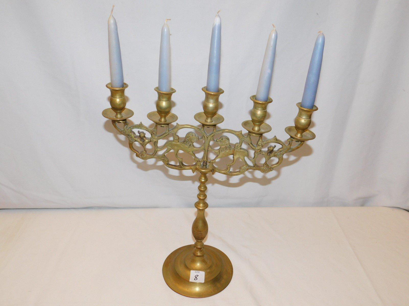 METAL CANDELABRA HOLDS 5 CANDLES WITH ANCIENT ANIMAL DESIGN (SOLD WITHOUT C