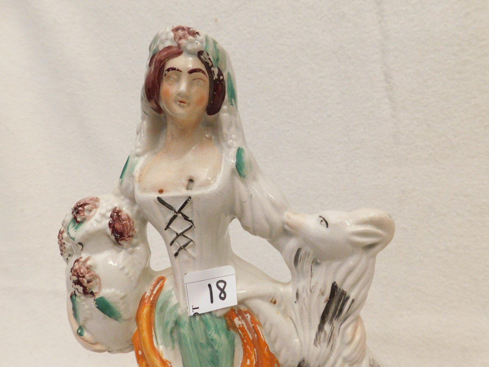 STAFFORDSHIRE FIGURINE OF LADY & DOG;  MEASURES 15" TALL.  SEE PHOTOS OF IM