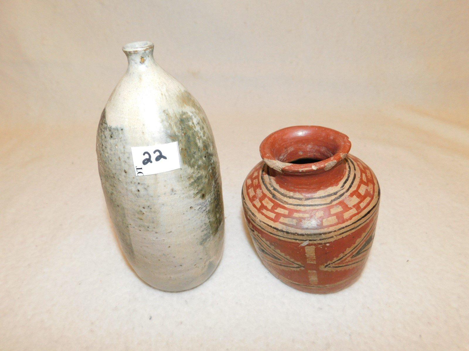 VASES ,PAIR, OLD POTTERY, HAND MADE.   BROWN IN COLOR ON THE ONE WITH DESIG