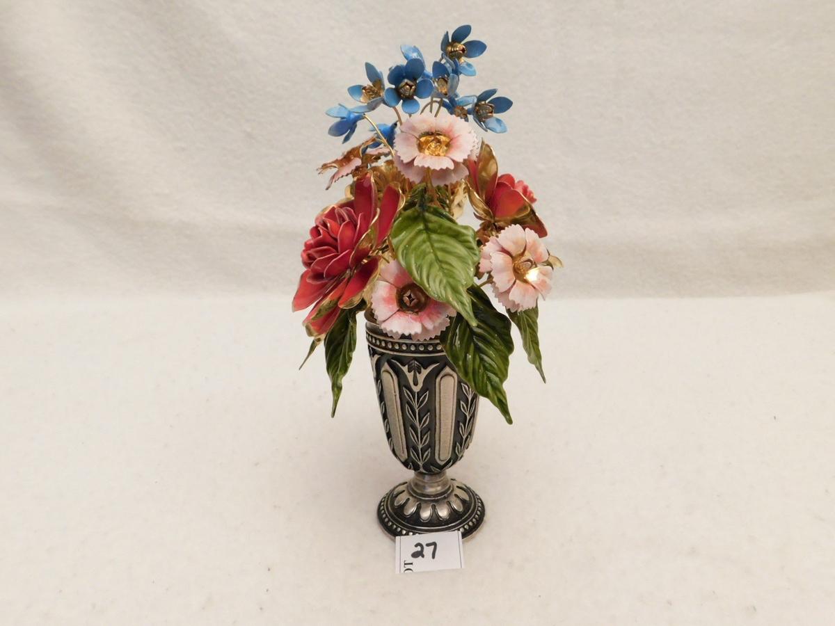 URN, FABERGE, "THE ROYAL BRITISH BOUQUET," PURE SILVER PLATE, ENAMEL FLORAL