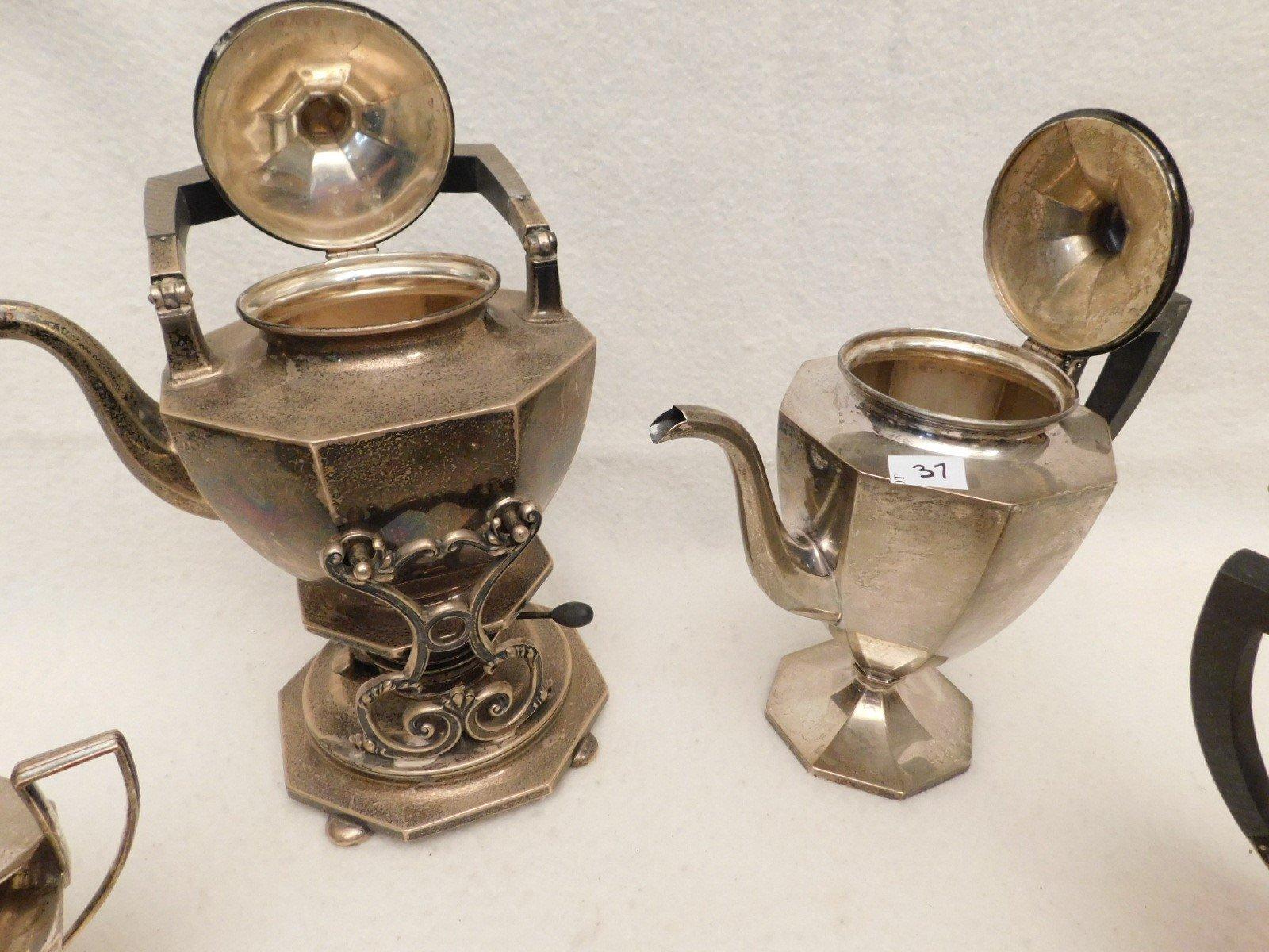 TEA SET, STERLING.   INCLUDES:  TEA/COFFEE POT ON WARMING STAND, 16.86 OZT,
