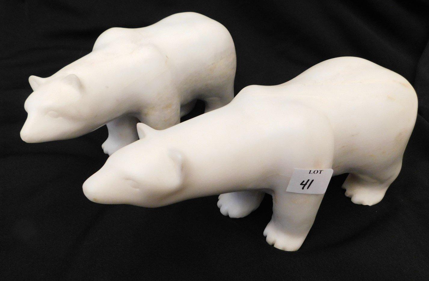 2 MARBLE POLAR BEARS CARVED BY THE  INUT 1921 MARKED ON BASE, WEIGHT 18 LBS