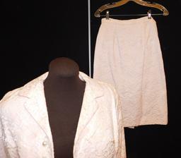 SKIRT & JACKET SET:  XSM  PINK & WHITE BROCADE, NO DESIGNER TAG.   NOTE:  W