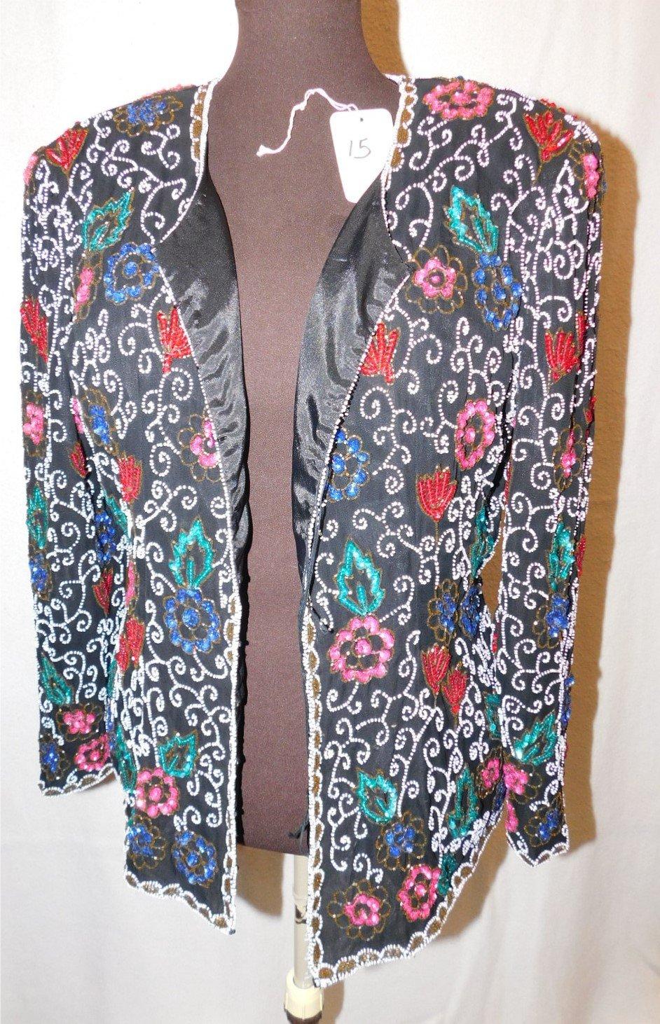 JACKET:  NITELINE, 100% SILK, BEADS & SEQUINS, WHITE, RED & BLUES,  MADE IN