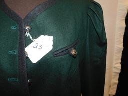 BLAZER:  PERRY LANDHAUS DESIGN, EMERALD GREEN WITH SILVER BUTTONS.  BLACK T