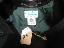 BLAZER:  PERRY LANDHAUS DESIGN, EMERALD GREEN WITH SILVER BUTTONS.  BLACK T