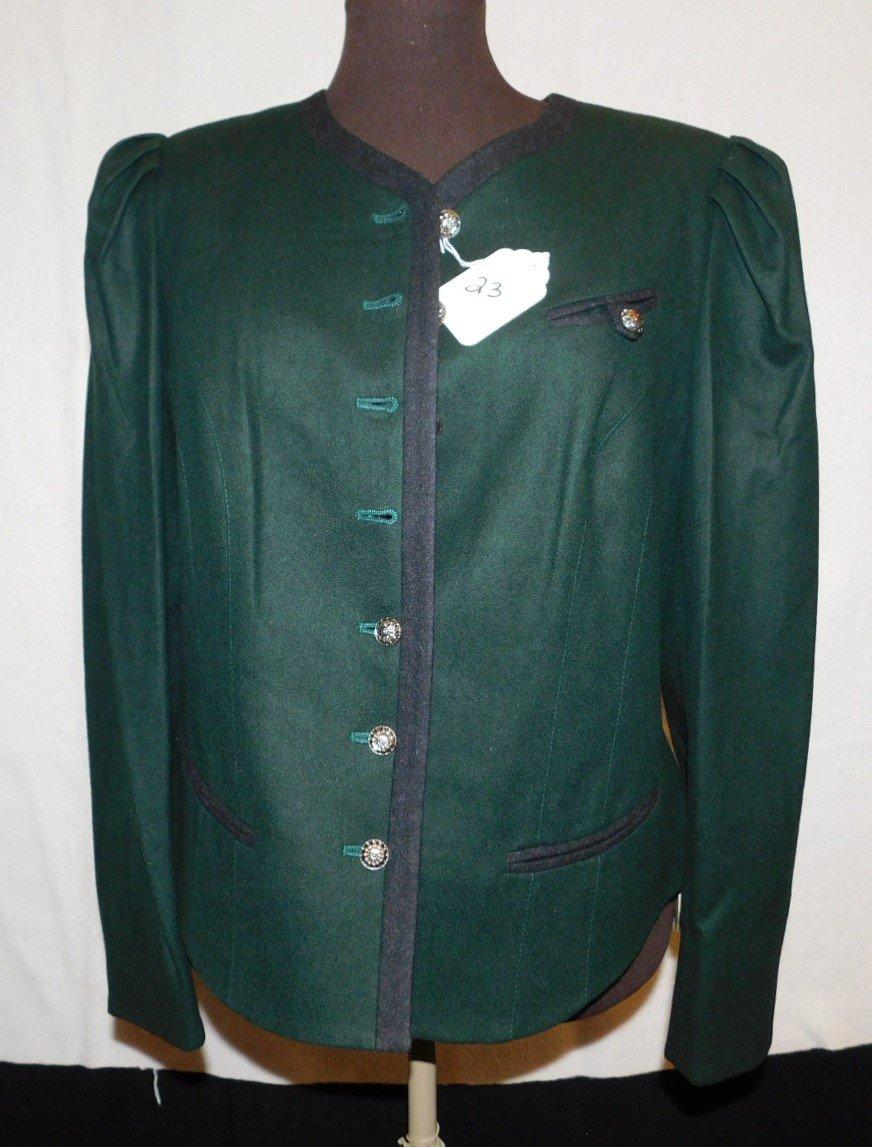 BLAZER:  PERRY LANDHAUS DESIGN, EMERALD GREEN WITH SILVER BUTTONS.  BLACK T