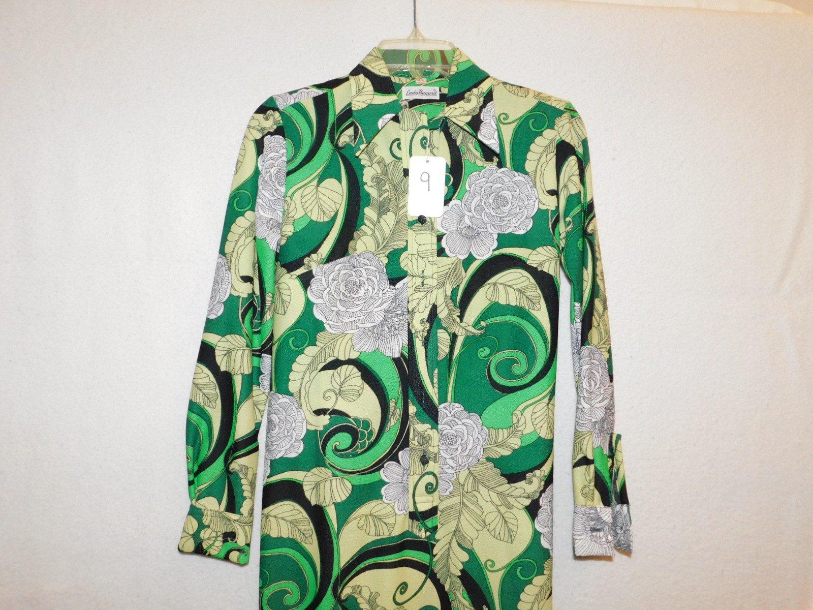 DRESS:   LADY BAYARD, SIZE 7-8, BUTTON FRONT,  GREEN/WHITE/BLACK FLORAL PAT