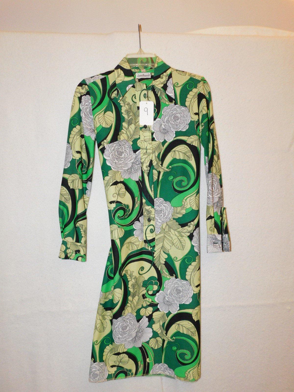 DRESS:   LADY BAYARD, SIZE 7-8, BUTTON FRONT,  GREEN/WHITE/BLACK FLORAL PAT