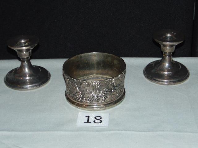 CANDLE STICKS & WINE COASTER, STERLING; WEIGHTED CANDLE STICKS MARKED 549,