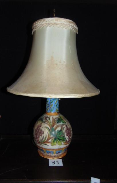 POTTERY LAMP, SIGNED " ITALY" REF GRAPE DESIGN 12" TALL. SHADE NEEDS REPLAC