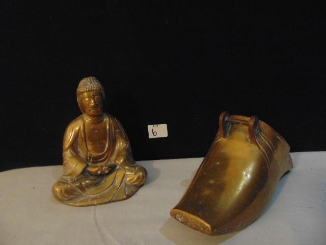 BRASS MEDITATING FIGURE, 6.25" TALL; BRASS WALL HANGER SHOE, SIGNED H. B. P