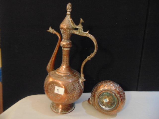 PERSIAN WATER JUG & WATER VESSEL (OBTAINED IN NEW DELHI), COPPER, 17" TALL,