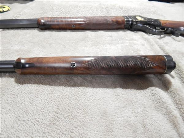CODY HIGHWALL, 2 BARREL SET, ENGRAVED AND GOLD INLAID, STANDING BEAR ON LEFT, RAM ON RIGHT, OCTAGON
