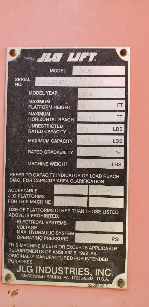 1998 JLG 600S 60' Basket Lift, Gas/Propane. Runs great. Gasoline tank needs cleaned. Is currently