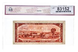 1954 Canada $2 Banknote - Devil's Face - BCS Graded F-15
