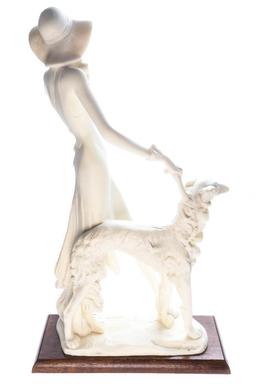 Italy - "Santini" Lady Walking Her Dog" Sculpture Bisque Finish