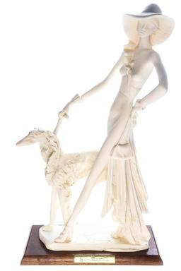 Italy - "Santini" Lady Walking Her Dog" Sculpture Bisque Finish